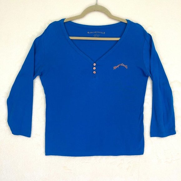 Margaritaville Jimmy Buffet Women's Henley 3/4 Sleeve T Shirt Button Top Blue - Picture 1 of 7